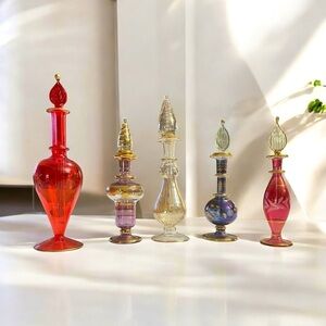 5 VTG Egyptian Hand Blown Glass Perfume Bottles/ essential oils With Stoppers